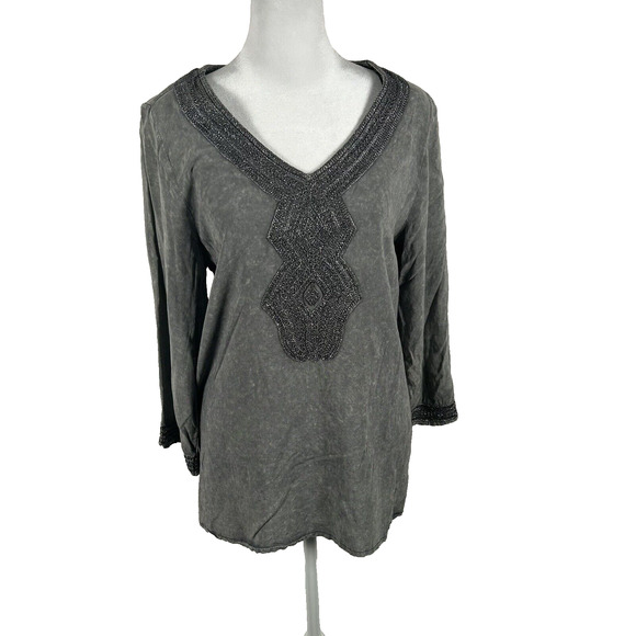 Luna Moon Gray Blouse Top Tunic 3/4 Sleeve Metallic Small Casual Embellished - Picture 1 of 6
